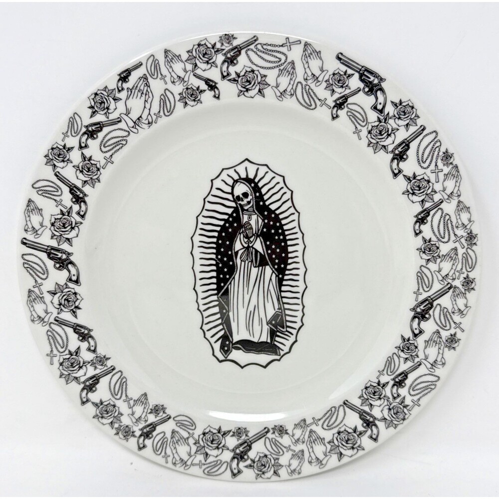 2 VTG Churchill Santa Muerte Plates 8" Lunch Plate Gothic Halloween Guns Roses